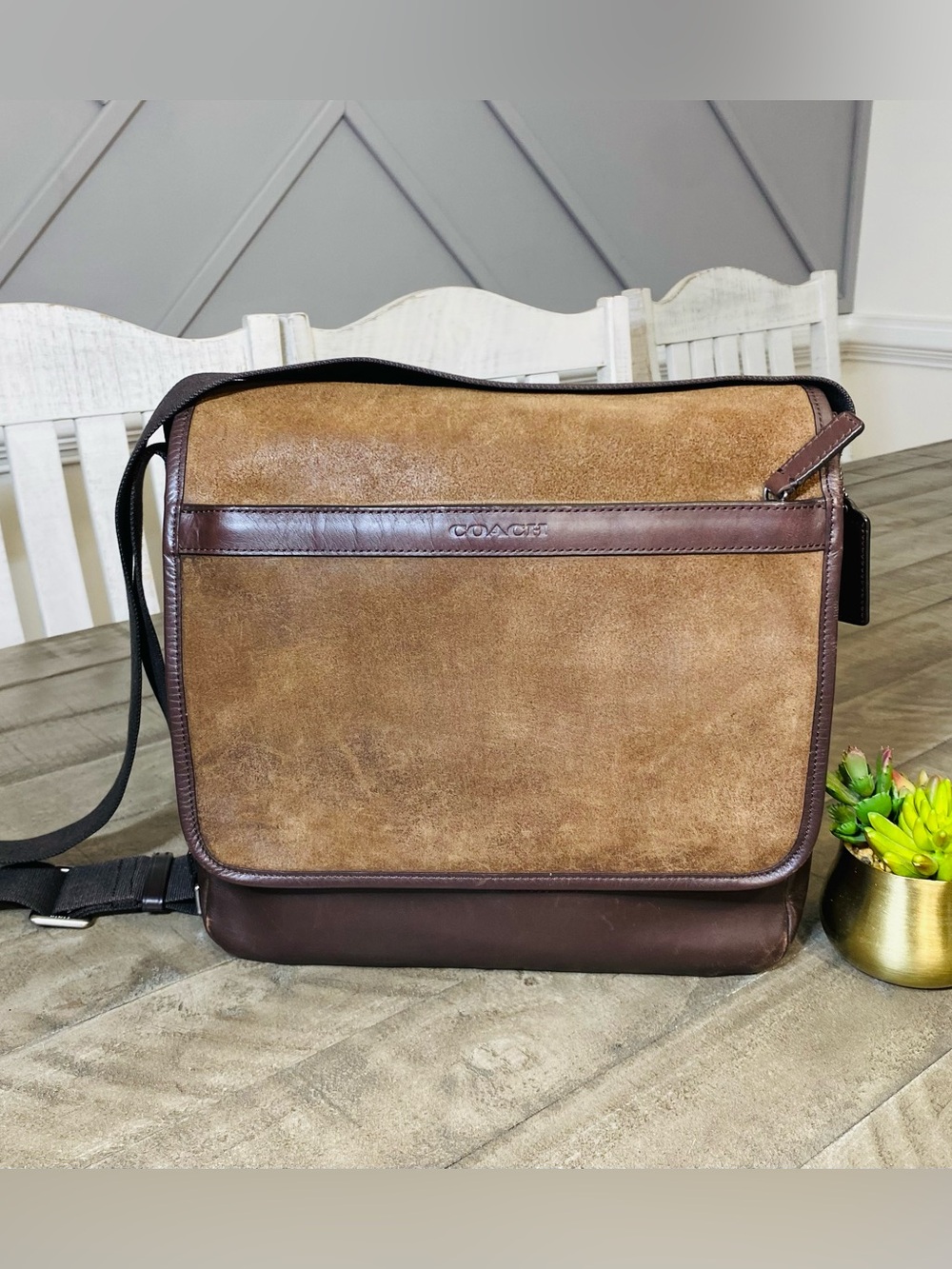 COACH Camden Brown Suede & Leather Messenger Bag Flap Satchel